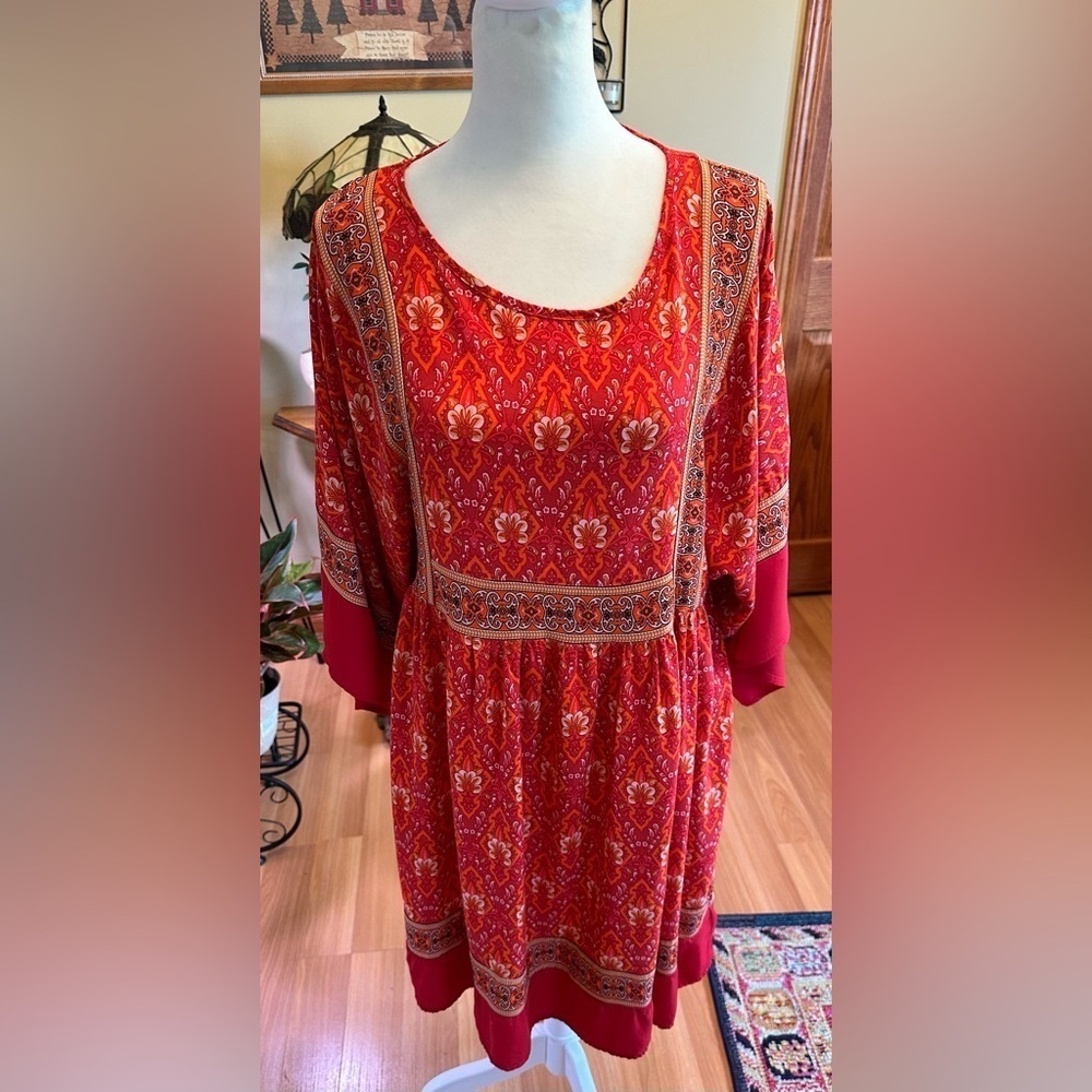 R Vivimos Bohemian Size M Red Orange Floral Pheasant Dress Knee Length Loose Fit